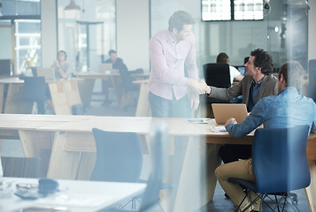 Image showing Shaking hands, business people and introduction, welcome to office and hello. Handshake, success and employees with deal, partnership or b2b, agreement and thank you for group acquisition in meeting.