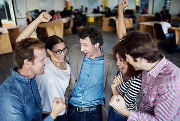 Image showing Teamwork, success or happy business people in celebration of sales goals, winning victory or target in office. Winners, motivation or excited employees celebrating deal or achievements in workplace