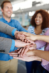 Image showing Blur, teamwork or hands of business people in stack for mission goals, collaboration or support. Team building, closeup or happy employees in meeting with smile, solidarity or motivation together