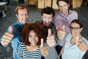 Image showing Portrait, thumbs up or happy business people in agreement, support or collaboration together in office. Startup community team, diversity or group of employees with thumb up, yes or like hand gesture