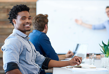 Image showing Business meeting, portrait and happy black man listening to presentation, manager report or leader speech. Confident smile, happiness and corporate people, group or African person working on project