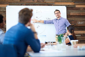 Image showing Presentation whiteboard, teamwork and business man speech, discussion or collaboration on pie chart. Strategy meeting, project results and team leader, speaker or person speaking to workforce group