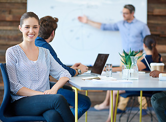 Image showing Happy business meeting, portrait and office woman listening to speaker presentation, report or training workshop. Cooperation, teamwork and corporate people, group or team work on project planning