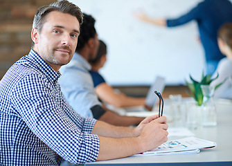 Image showing Project meeting, employee portrait and confident man listen to presentation, report or sales growth plan. Collaboration, career or business people, office person or team work on franchise development