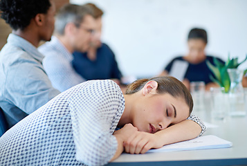 Image showing Business meeting, sleeping problem and woman tired, fatigue or exhausted after overtime, work or project. Dream sleep, insomnia or overworked female analyst with mental health risk, crisis or burnout