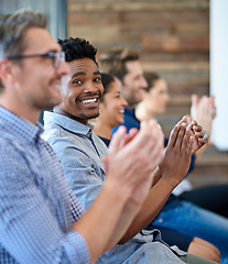 Image showing Diversity, colleagues with applause and in a meeting room of their workplace for happiness. Achievement or success, support and coworkers clapping together at workshop or seminar in a boardroom