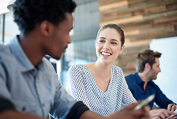 Image showing Business meeting, diversity and happy woman discussion, conversation and talking to work colleague, staff or employee. Cooperation, teamwork and corporate people, group or team work on agency project