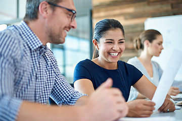 Image showing Business people, meeting paperwork and woman laugh at funny office report, development plan or feedback. Cooperation, comedy humour and corporate staff, group or team laughing at project documents