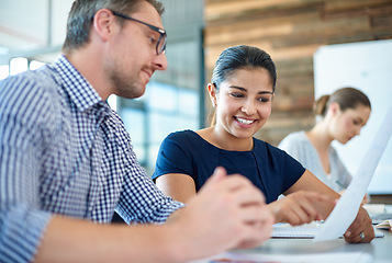 Image showing Support, colleagues working with documents and in a modern office at their workplace together. Collaboration or teamwork, network or data and coworkers with paperwork in a boardroom of their work