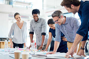 Image showing Group, meeting and staff brainstorming, planning and talking with ideas, startup or cooperation. Team, manager or business people with collaboration, teamwork or partnership with support and creative