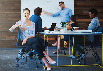 Image showing Project meeting, employee portrait and happy woman listening to speaker presentation, report or sales growth plan. Cooperation, smile and office people, group or team work on franchise development