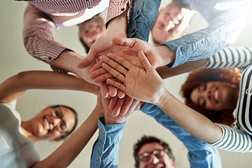 Image showing Portrait, hands and staff together, stack and collaboration with team building, support and solidarity. Face, group and coworkers with teamwork, partnership and motivation with success and growth