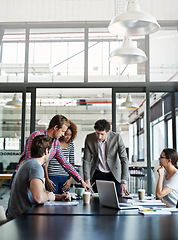 Image showing Boardroom, people and meeting or working in the office, company teamwork or workplace collaboration. Group, brainstorming and business planning of diversity workers in conversation with manager