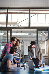 Image showing Boardroom and people in meeting or working in the office, company teamwork or creative collaboration. Group, team and work on startup together or professional workers in conversation or talking