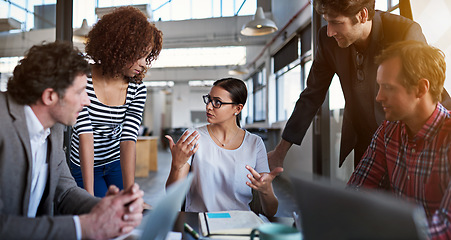 Image showing Business people, staff and group in a meeting, collaboration and partnership with a project or team. Coworkers, men and women share ideas, schedule and planning with support, solidarity and teamwork