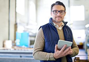 Image showing Tablet, manager and portrait of man in factory for manufacturing, networking and inventory. Distribution, industrial and technology with male employee in warehouse for inspection, export and storage