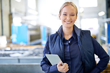 Image showing Tablet, smile and portrait of woman in factory for manufacturing, networking and inventory. Distribution, industrial and technology with female employee in warehouse for inspection, export or storage