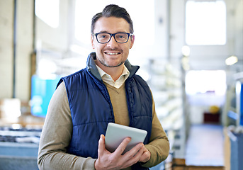 Image showing Tablet, smile and portrait of man in factory for manufacturing, networking and inventory. Distribution, industrial and technology with male employee in warehouse for inspection, export and storage