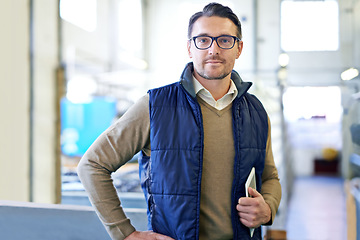 Image showing Delivery, manager and portrait of man in factory for manufacturing, networking and inventory. Distribution, industrial and technology with male employee in warehouse for inspection, export or storage