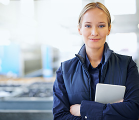 Image showing Tablet, manager and portrait of woman in factory for manufacturing, networking and inventory. Distribution, industrial and technology with employee in warehouse for inspection, export and storage