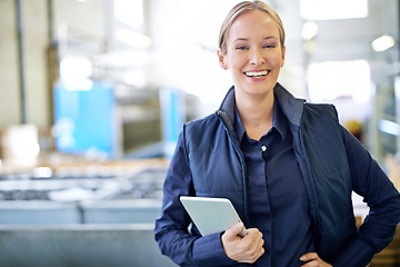 Image showing Tablet, delivery and portrait of woman in factory for manufacturing, networking and inventory. Distribution, industrial and technology with employee in warehouse for inspection, export and storage