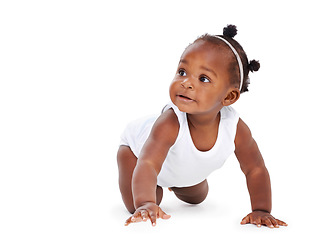 Image showing Isolated, baby crawling and against a white background on the floor. Childhood or milestone, child development or playing and black toddler crawl alone against a studio backdrop on the ground