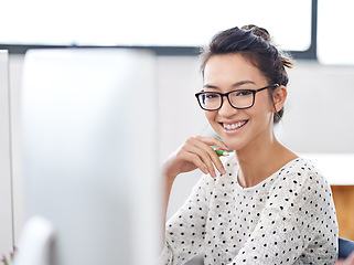 Image showing Happy, portrait and business woman in office for research, website and designer. Online, entrepreneur and creative with female employee in digital agency for technology, professional and startup