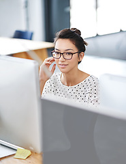 Image showing Thinking, computer and business woman in office for research, website and designer. Focus, entrepreneur and creative with female employee in digital agency for technology, professional and startup