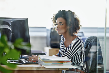 Image showing Computer, focus and business woman in office for research, creative and planning.Thinking, professional and technology with female employee on digital agency for startup, email and website designer