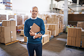 Image showing Checklist, smile and portrait of man in warehouse for cargo, storage and shipping. Distribution, ecommerce and logistics with employee in factory plant for supply chain, package or wholesale supplier