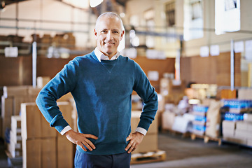 Image showing Manager, smile and portrait of man in warehouse for cargo, storage and shipping. Distribution, ecommerce and logistics with employee in factory plant for supply chain, package or wholesale supplier