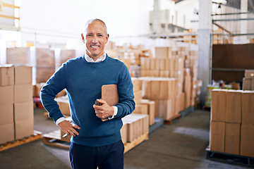 Image showing Checklist, happy and portrait of man in warehouse for cargo, storage and shipping. Distribution, ecommerce and logistics with employee in factory plant for supply chain, package or wholesale supplier