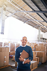 Image showing Manager, smile and portrait of man in warehouse for cargo, storage and shipping. Distribution, ecommerce and logistics with employee in factory plant for supply chain, package or wholesale supplier