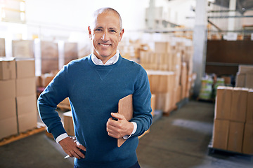 Image showing Checklist, manager and portrait of man in warehouse for cargo, storage and shipping. Delivery, ecommerce and logistics with employee in factory plant for supply chain, package or wholesale supplier