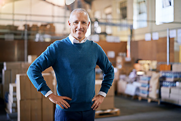 Image showing Happy, delivery and portrait of man in warehouse for cargo, storage and shipping. Distribution, ecommerce and logistics with employee in factory plant for supply chain, package or wholesale supplier