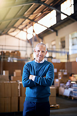 Image showing Happy, arms crossed and portrait of man in warehouse for cargo, storage and shipping. Distribution, ecommerce and logistics with employee in factory for supply chain, package or wholesale supplier