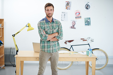 Image showing Business man, portrait and arms crossed at creative startup with smile, confidence and modern office. Confidence, success and career mindset, happy male professional with ambition at advertising firm