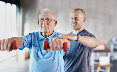 Image showing Physiotherapist, senior man and rehabilitation with dumbbells, fitness and exercise for recovery, help and training. Mature male person, client or employee with equipment, physical therapy and health