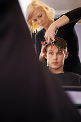 Image showing Hair care, hairdresser or mirror reflection of man for hairstyle, grooming or cleaning in beauty salon. Hairdressing, service woman or studio people, customer or person for healthy haircare treatment