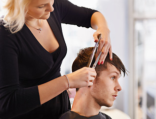 Image showing Hair care comb, hairdresser scissors and woman cut client hairstyle, cleaning and grooming in beauty spa salon. Hairdressing, service and studio person, customer or man for haircare brush treatment