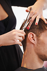 Image showing Hair care scissors, hairdresser hands and person cutting hairstyle, grooming and cleaning in beauty salon. Hairdressing cosmetic tools, service and studio people, customer or client for spa treatment