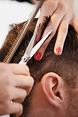 Image showing Hair scissors, customer and hairdresser hands cutting hairstyle, grooming and cleaning in studio salon. Hairdressing tools, comb brush or closeup people, customer or client for haircare treatment