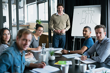 Image showing Presentation, portrait and data with business people in meeting for statistics, planning and consulting. Training, speaker and conference with employees in office for workshop, growth and investment