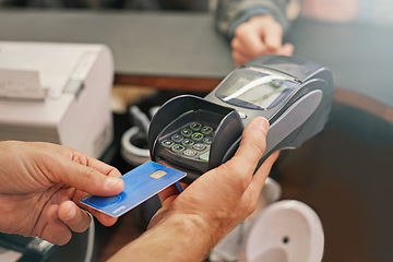 Image showing Credit card, machine and hands of customer for payment to cashier for shopping, point of sale and checkout. Transaction, technology and closeup of person paying for finance with debit money in store