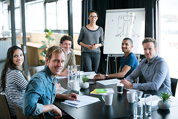 Image showing Presentation, chart and portrait with business people in meeting for statistics, planning and consulting. Training, speaker and conference with employees in office for workshop, growth and investment