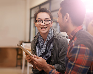 Image showing Happy, cafe and students with a tablet, friends and connection for social media, communication and discussion. Mobile app, man or woman in a restaurant, technology and conversation with collaboration