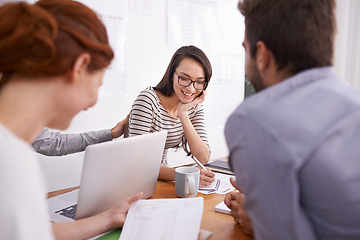 Image showing Team in creative meeting, people brainstorming ideas and happy working together in conference room. Planning, collaboration with men and women in strategy discussion at startup and writing notes