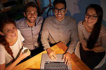 Image showing Portrait, laptop and business friends at night, working in the boardroom for design or modern creativity from above. Meeting, teamwork and overtime with designer colleagues at work in the evening