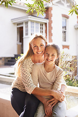 Image showing Garden portrait of mother, daughter and hug for happy family love, bond or care for mom, child or people relax together. Smile, embrace and outdoor mama, kid or girl enjoy summer sunshine with parent