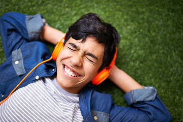 Image showing Boy child, lawn and lying with headphones, free or excited for music, streaming or online audio in top view. Male kid, happiness and listen to sound, internet radio or podcast on grass in garden